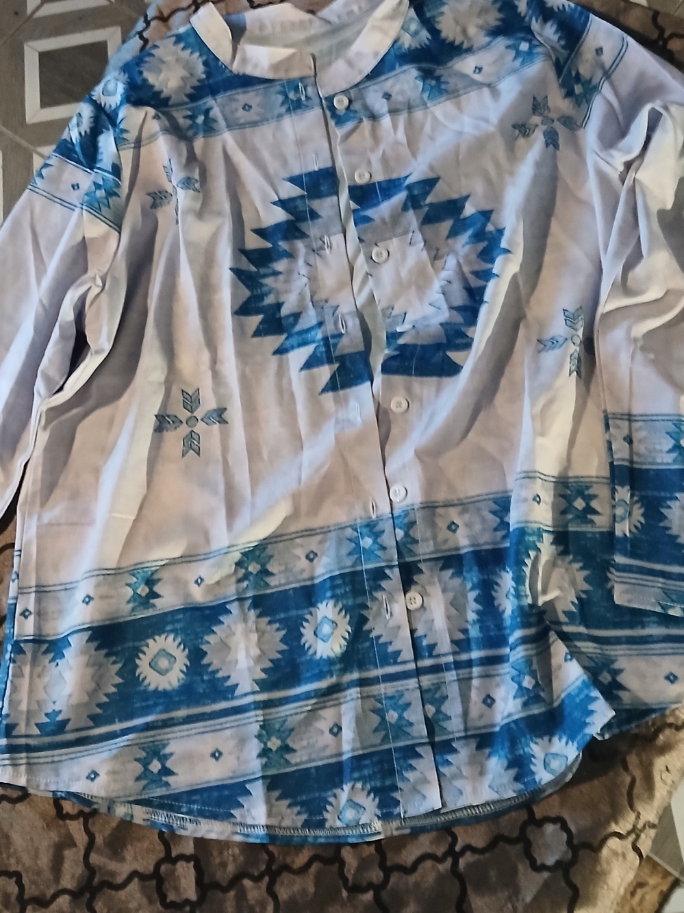 Amazon Essentials White Button-Down Shirt with Blue Aztec Print